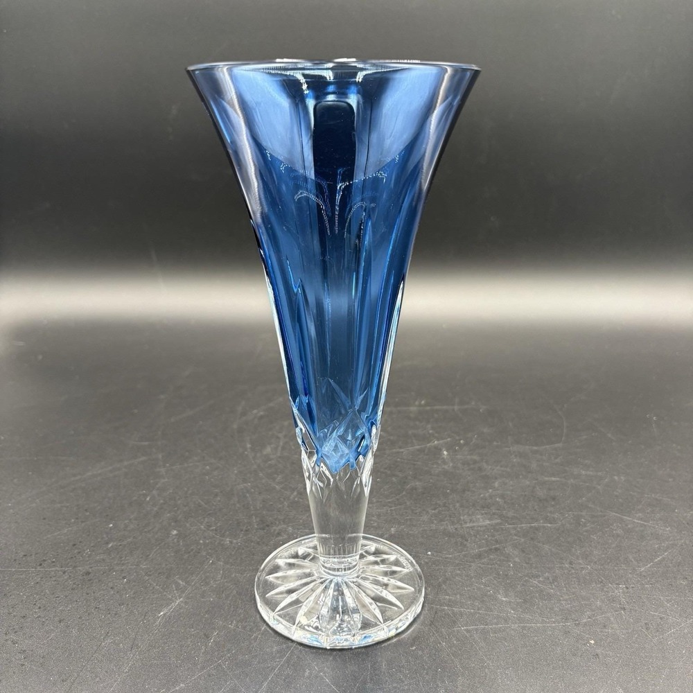 Waterford Lismore Crystal Sapphire Blue Cut to Clear Flared 9" Tall Glass Vase